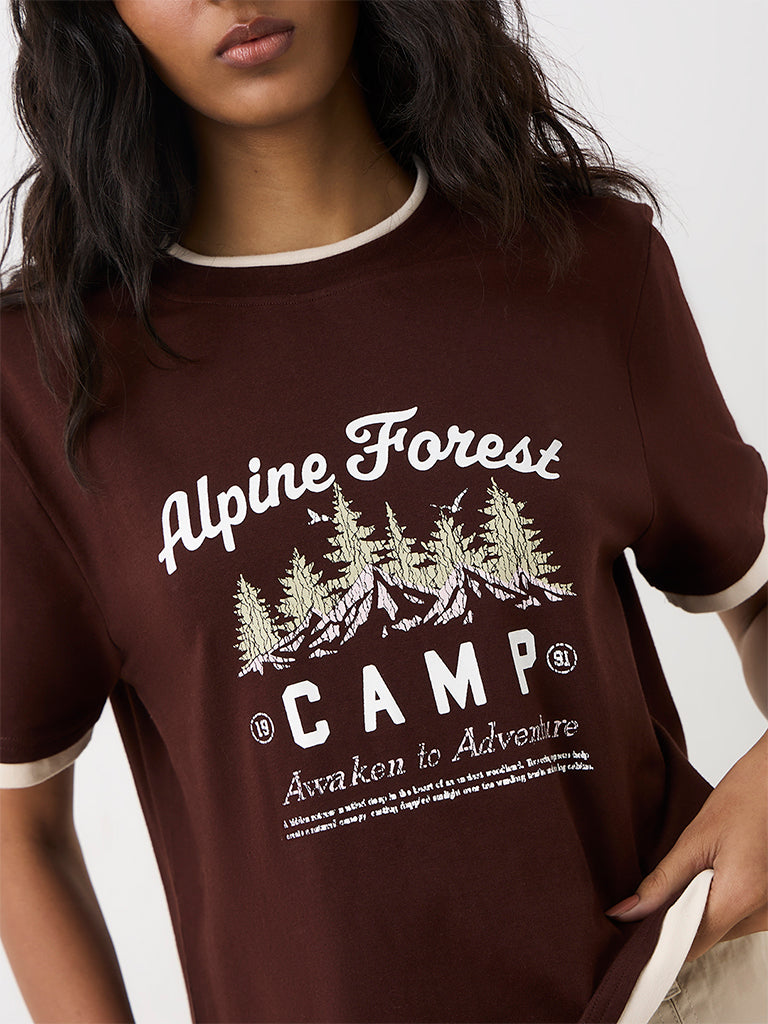 Nuon Dark Brown Graphic Printed Cotton T-Shirt