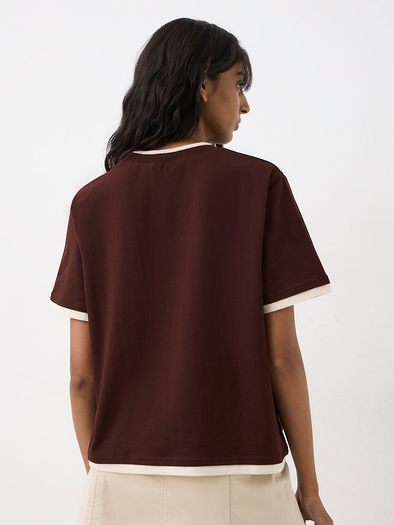 Nuon Dark Brown Graphic Printed Cotton T-Shirt