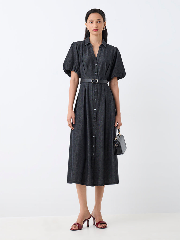 LOV Black Wash-Effect Cotton Shirt Dress with Belt
