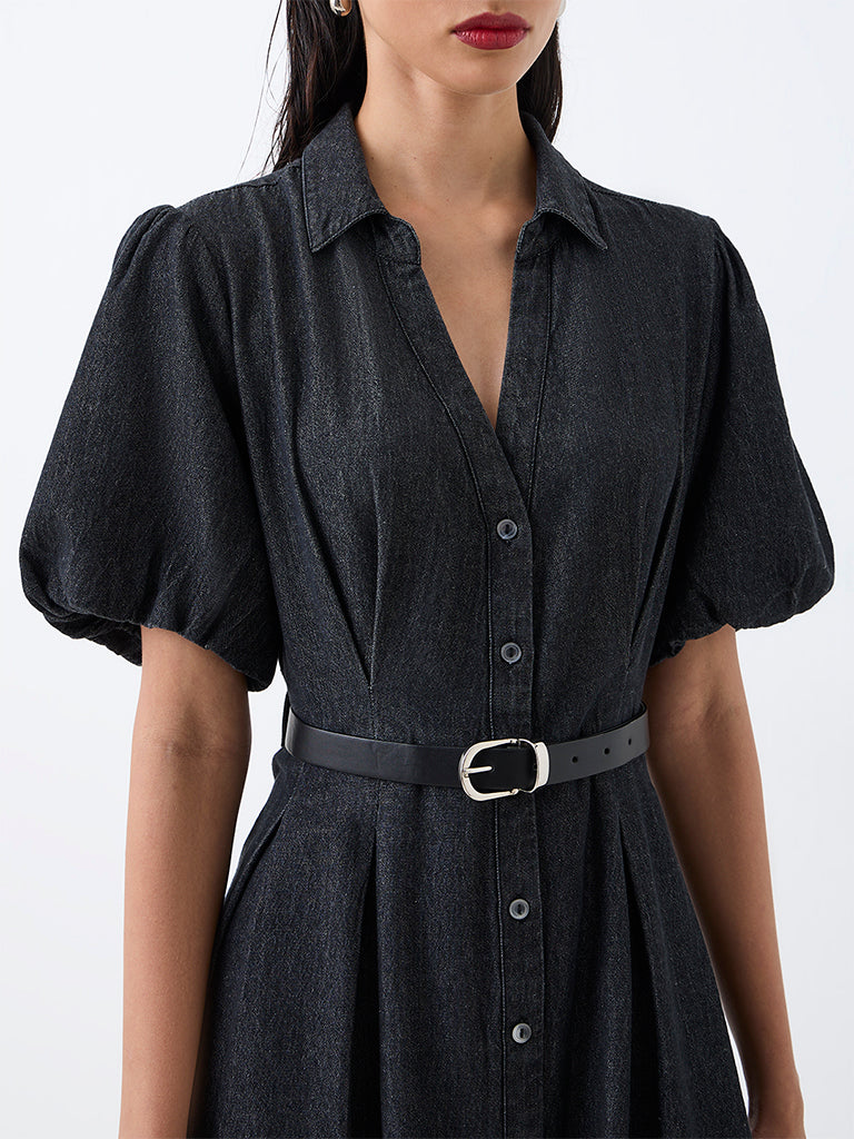LOV Black Wash-Effect Cotton Shirt Dress with Belt