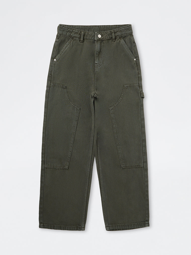 Boys Dark Olive Solid Mid-Rise Relaxed Fit Jeans