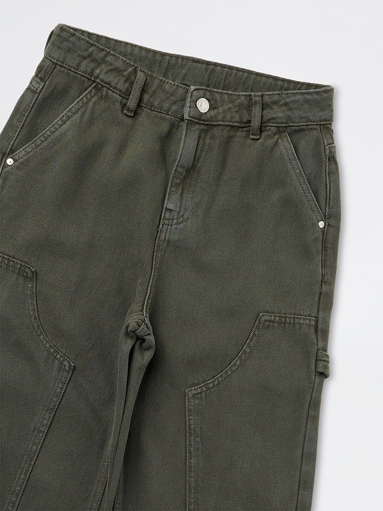 Boys Dark Olive Solid Mid-Rise Relaxed Fit Jeans