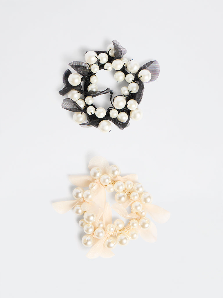 Westside Accessories Black and Ivory Pearlescent Scrunchies - Pack of 2