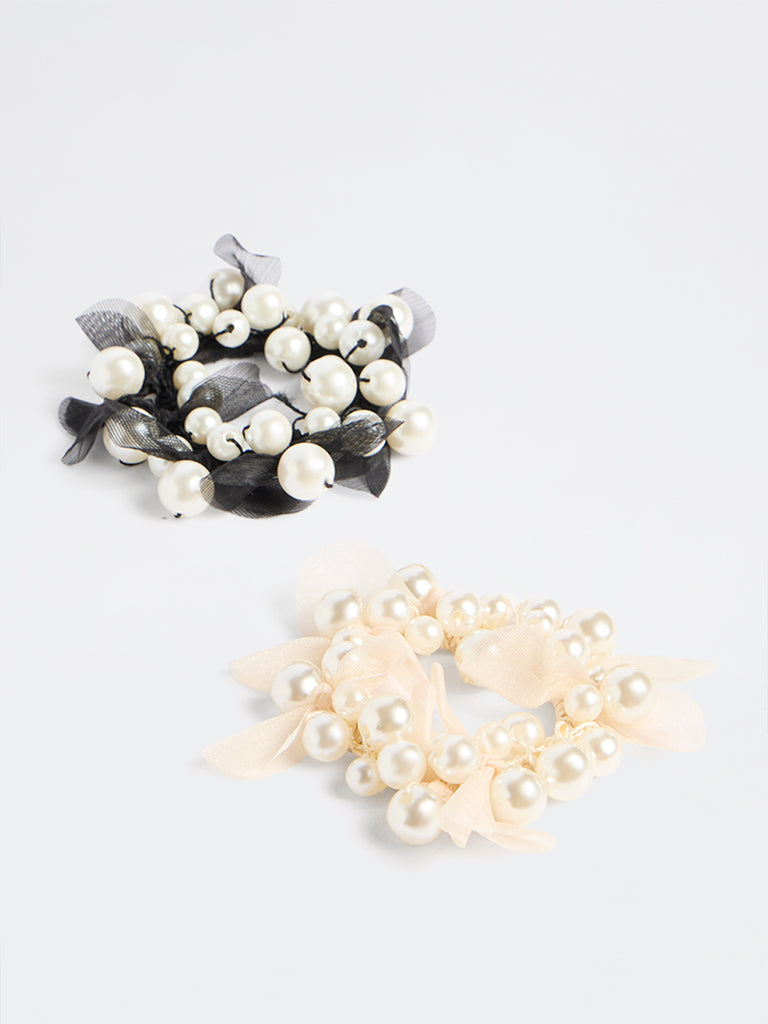 Westside Accessories Black and Ivory Pearlescent Scrunchies - Pack of 2
