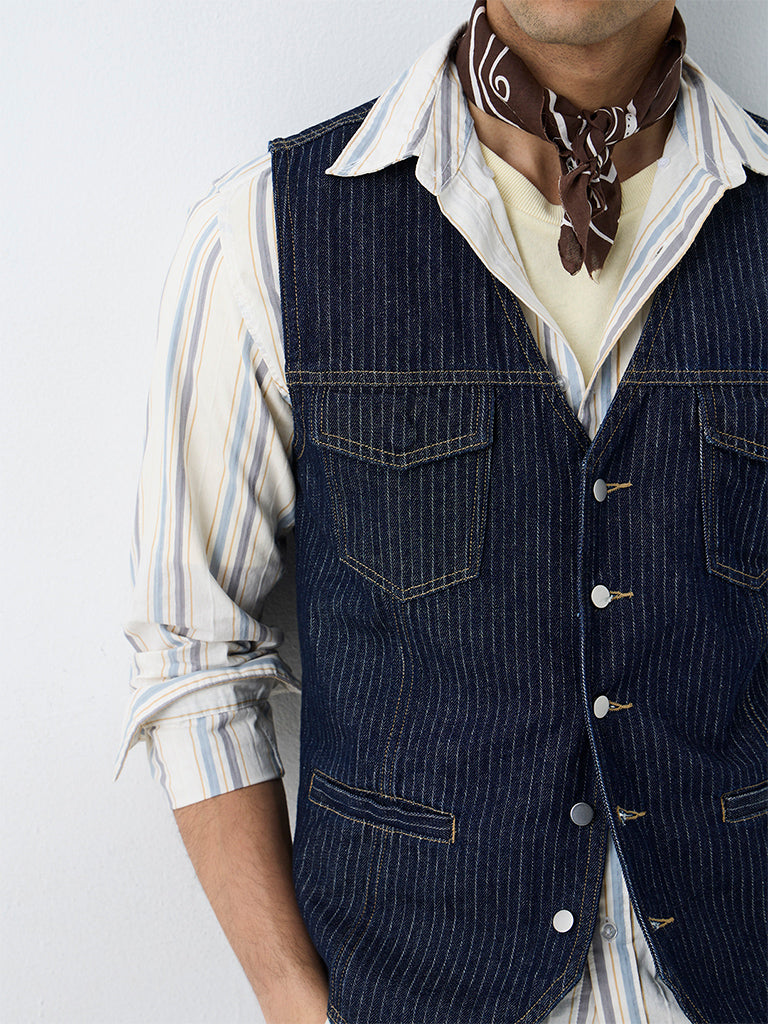 WES Casuals Dark Blue Pinstripe Slim-Fit Denim Waistcoat
