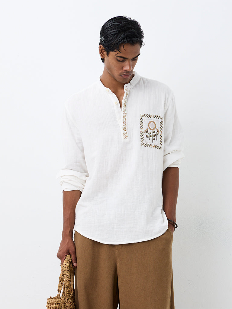 ETA White Floral Embroidered Relaxed-Fit Cotton Shirt