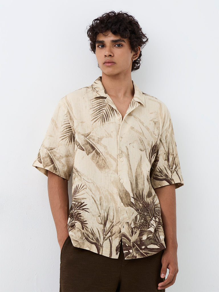 ETA Light Beige Foliage Printed Relaxed-Fit Cotton Shirt
