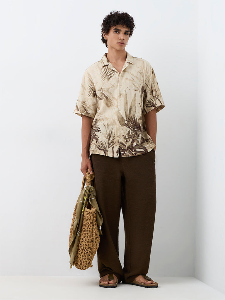 ETA Light Beige Foliage Printed Relaxed-Fit Cotton Shirt