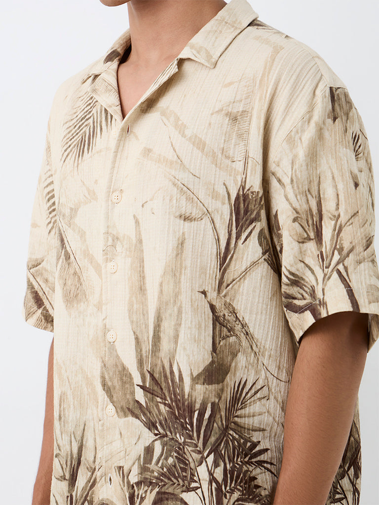 ETA Light Beige Foliage Printed Relaxed-Fit Cotton Shirt