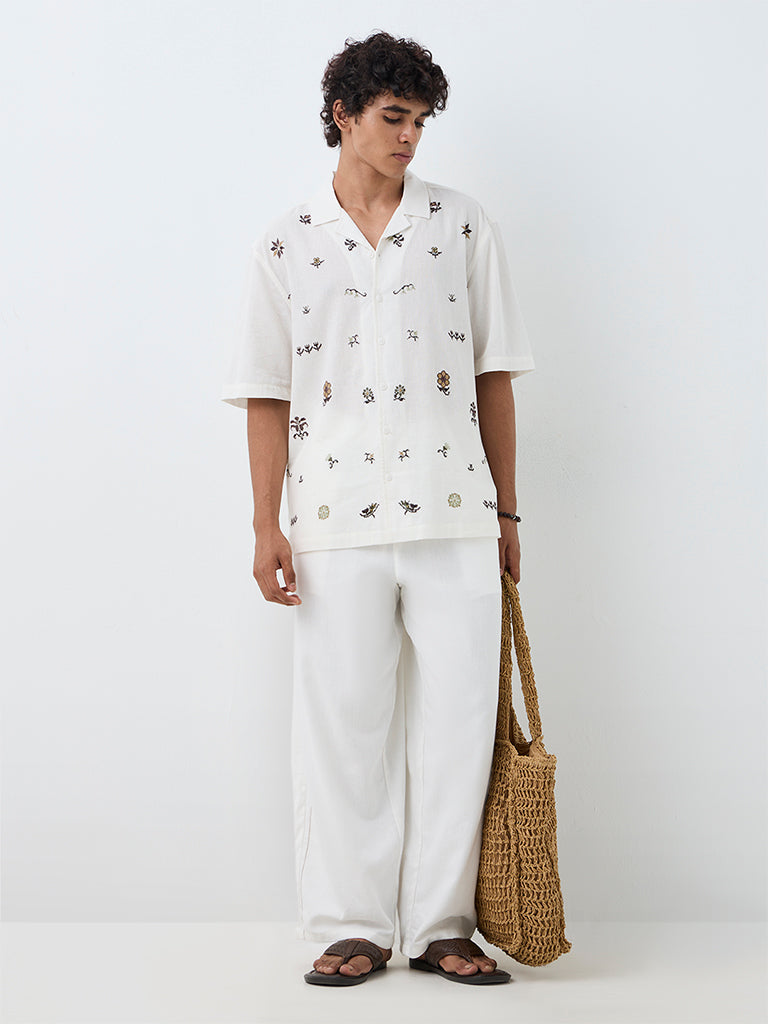 ETA White Embroidered Relaxed-Fit Cotton Shirt