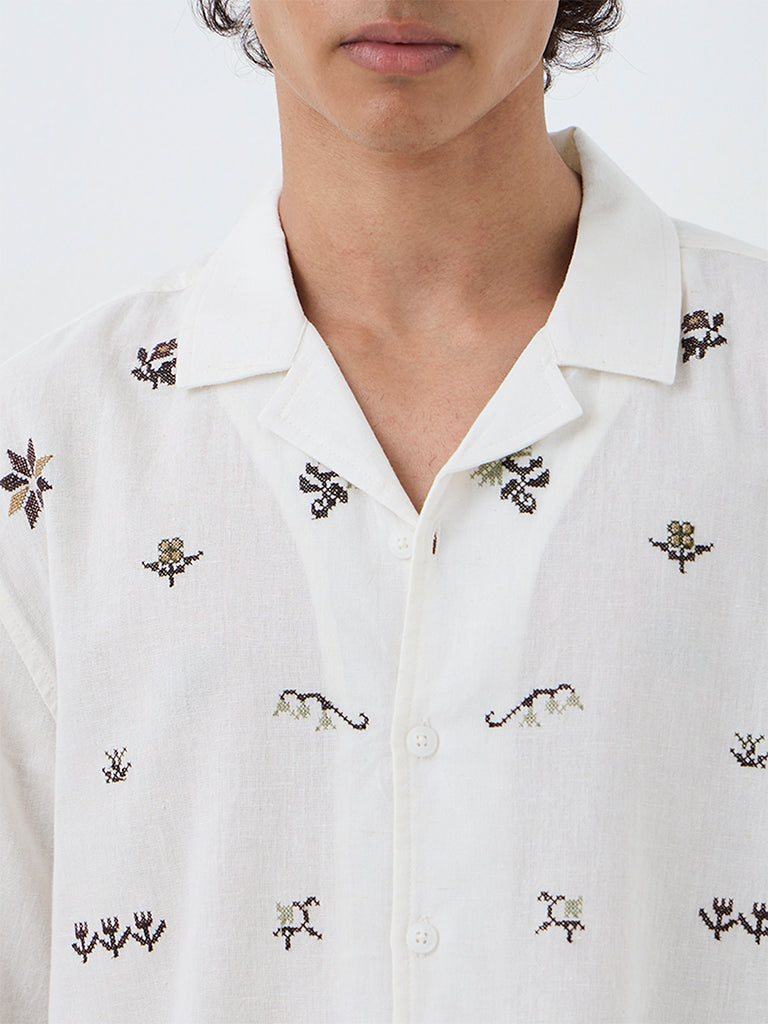 ETA White Embroidered Relaxed-Fit Cotton Shirt