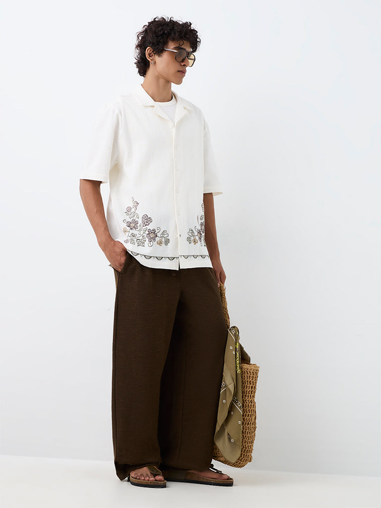 ETA White Floral Embroidered Relaxed-Fit Cotton Shirt
