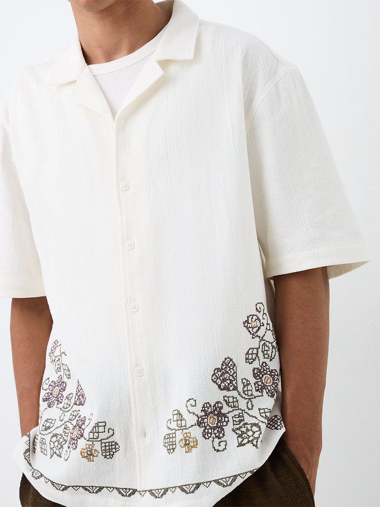 ETA White Floral Embroidered Relaxed-Fit Cotton Shirt