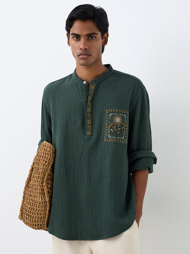 ETA Dark Green Floral Embroidered Relaxed-Fit Cotton Shirt