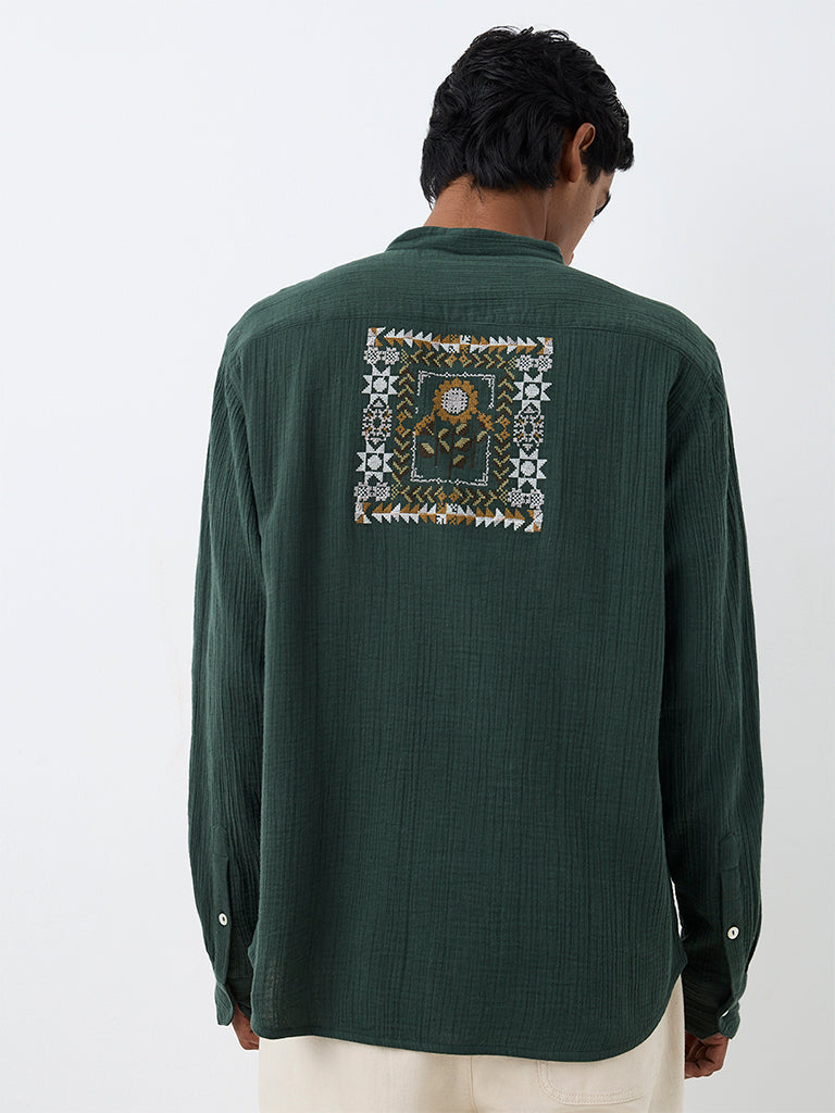ETA Dark Green Floral Embroidered Relaxed-Fit Cotton Shirt