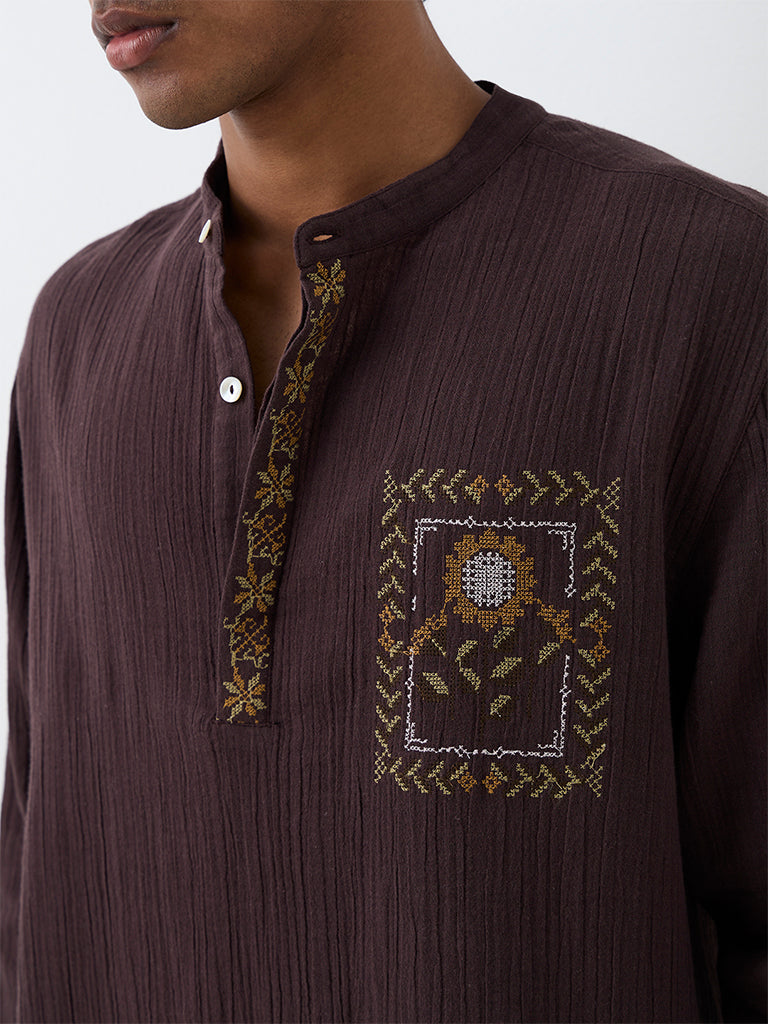 ETA Dark Brown Floral Embroidered Relaxed-Fit Cotton Shirt