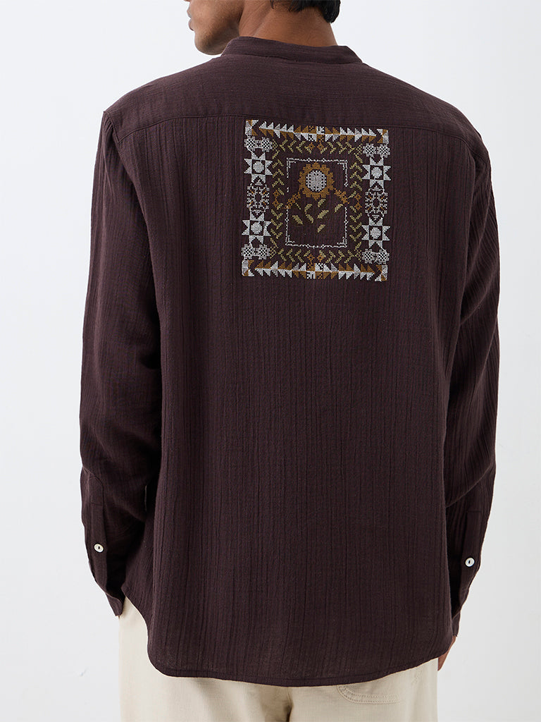 ETA Dark Brown Floral Embroidered Relaxed-Fit Cotton Shirt