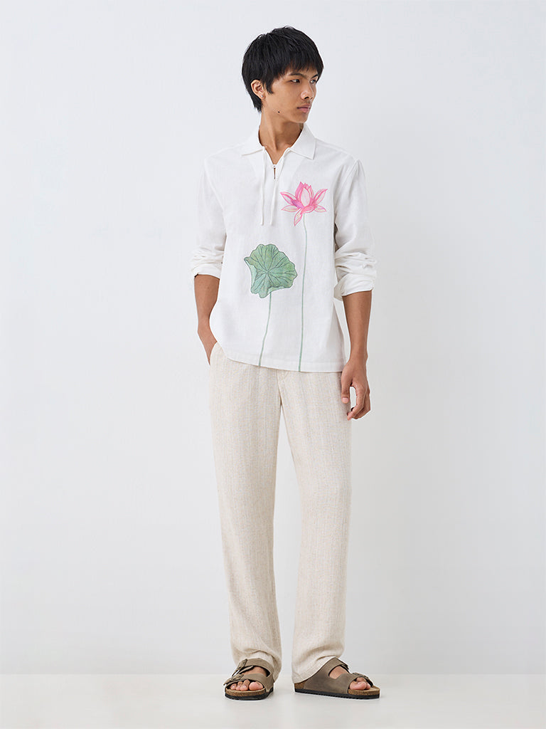 ETA White Floral Printed Relaxed-Fit Cotton Shirt