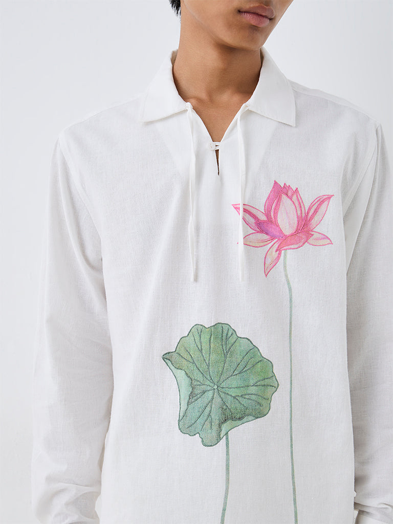 ETA White Floral Printed Relaxed-Fit Cotton Shirt