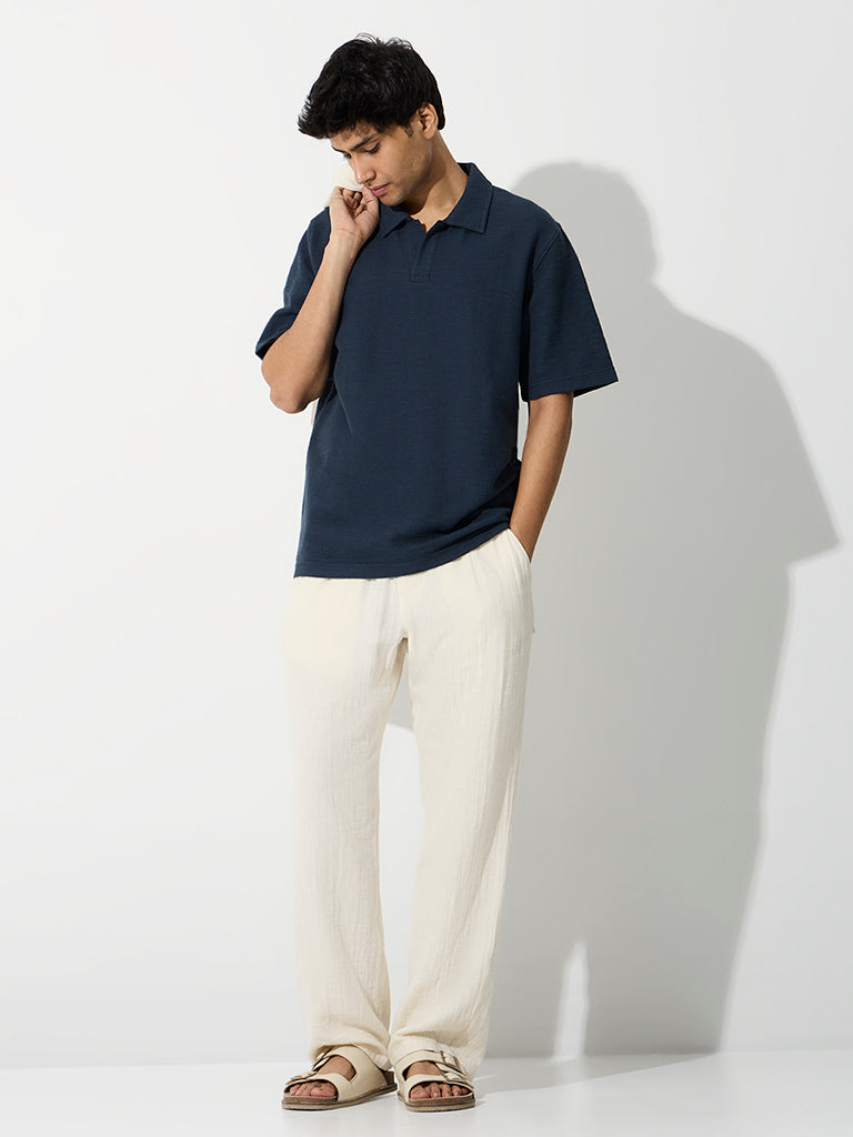 ETA Navy Textured Relaxed-Fit Cotton-Blend T-Shirt
