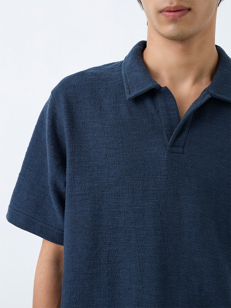ETA Navy Textured Relaxed-Fit Cotton-Blend T-Shirt
