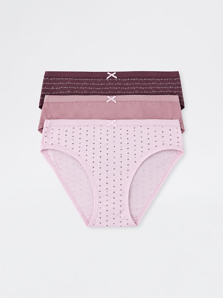 Wunderlove Light Mauve Solid Cotton-Blend Bikini Briefs - Pack of 3