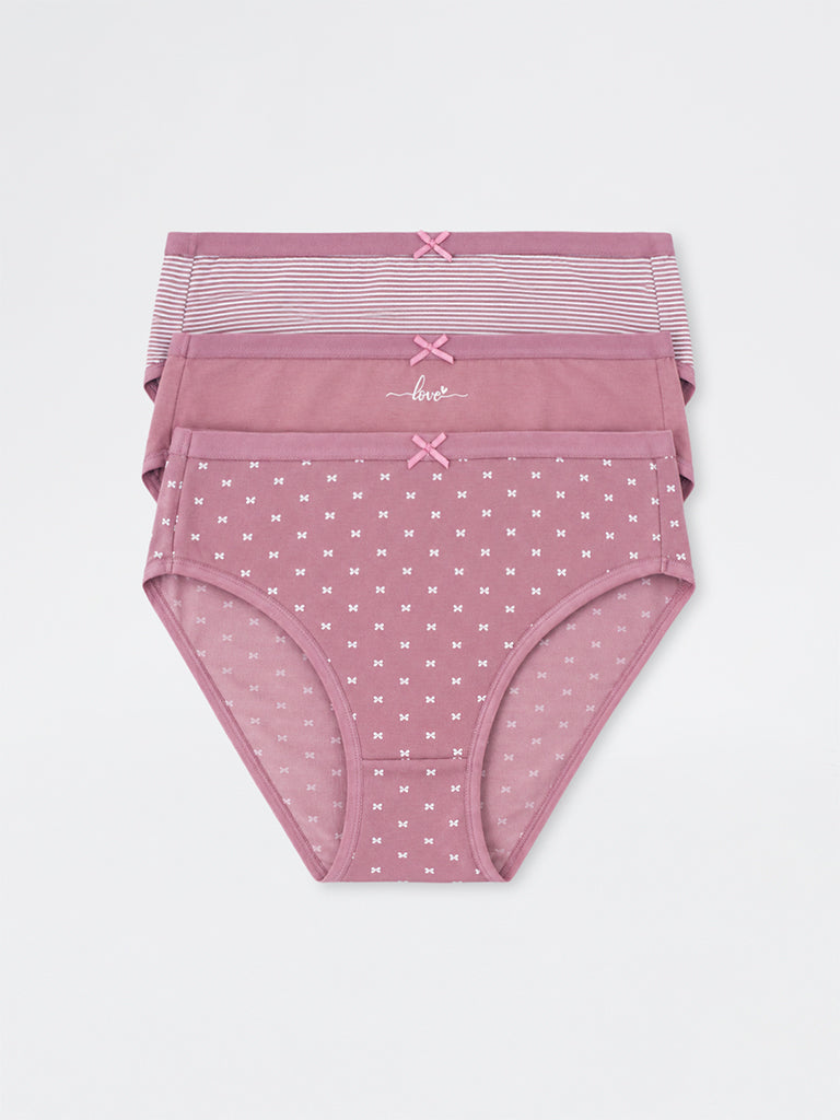 Wunderlove Dusty Pink Text Printed Cotton-Blend Hi-Leg Briefs - Pack of 3