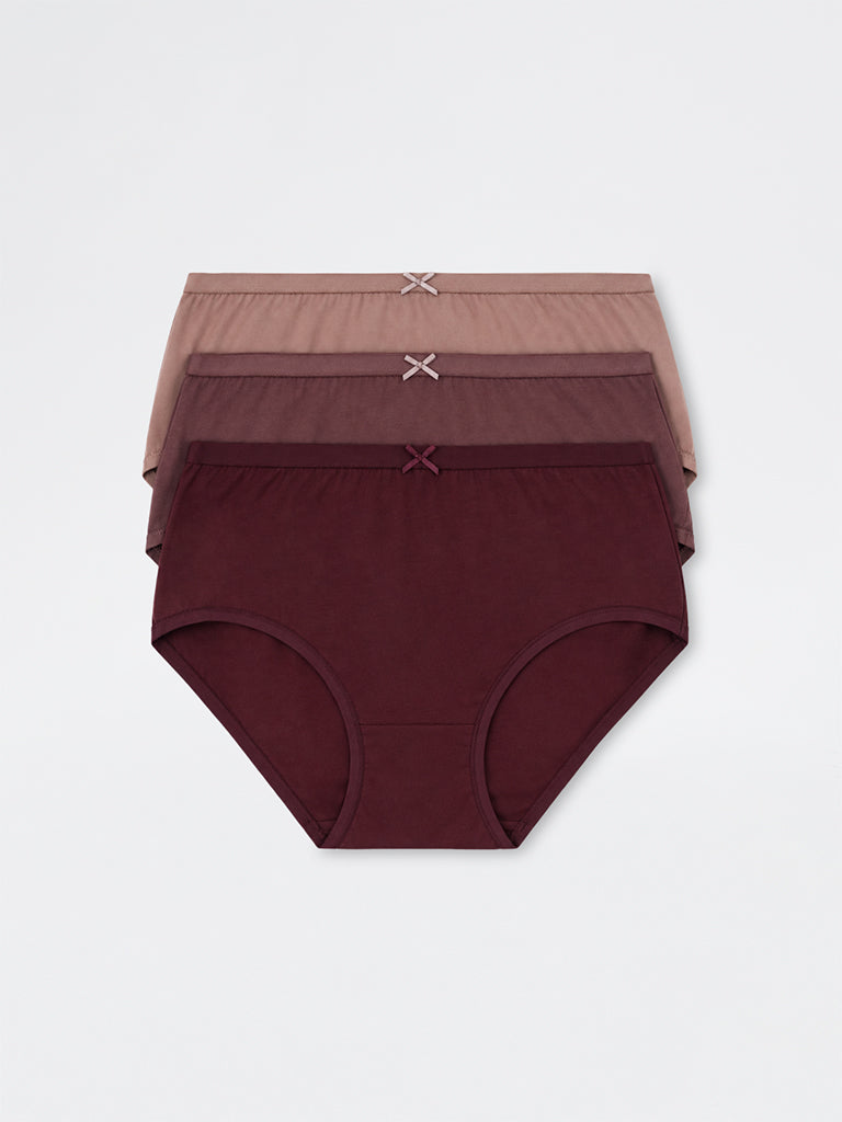 Wunderlove Brown Solid Cotton-Blend High-Rise Briefs - Pack of 3