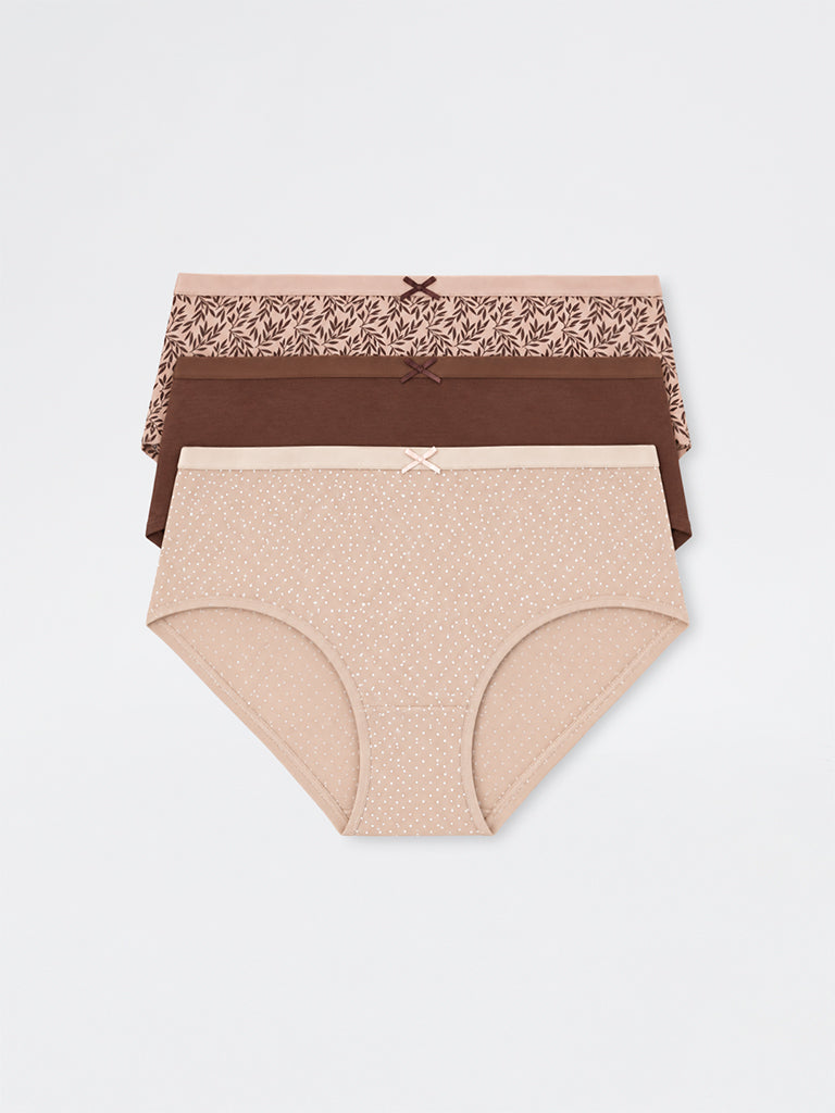 Wunderlove Light Beige Botanical Printed Cotton-Blend Low-Rise Briefs - Pack of 3