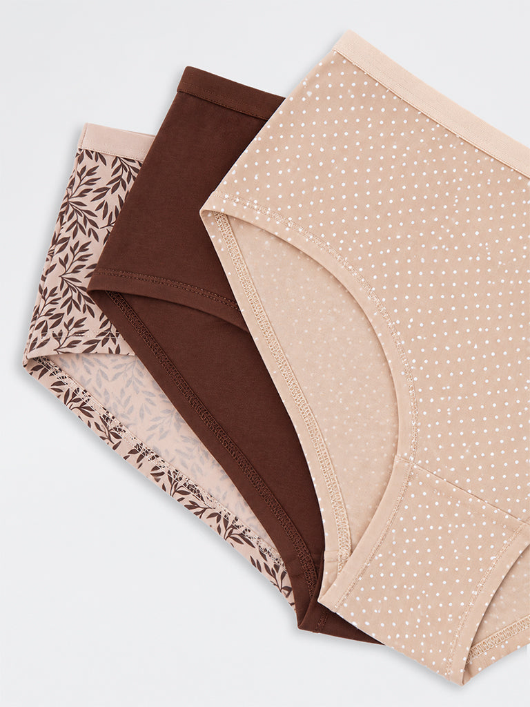 Wunderlove Light Beige Botanical Printed Cotton-Blend Low-Rise Briefs - Pack of 3