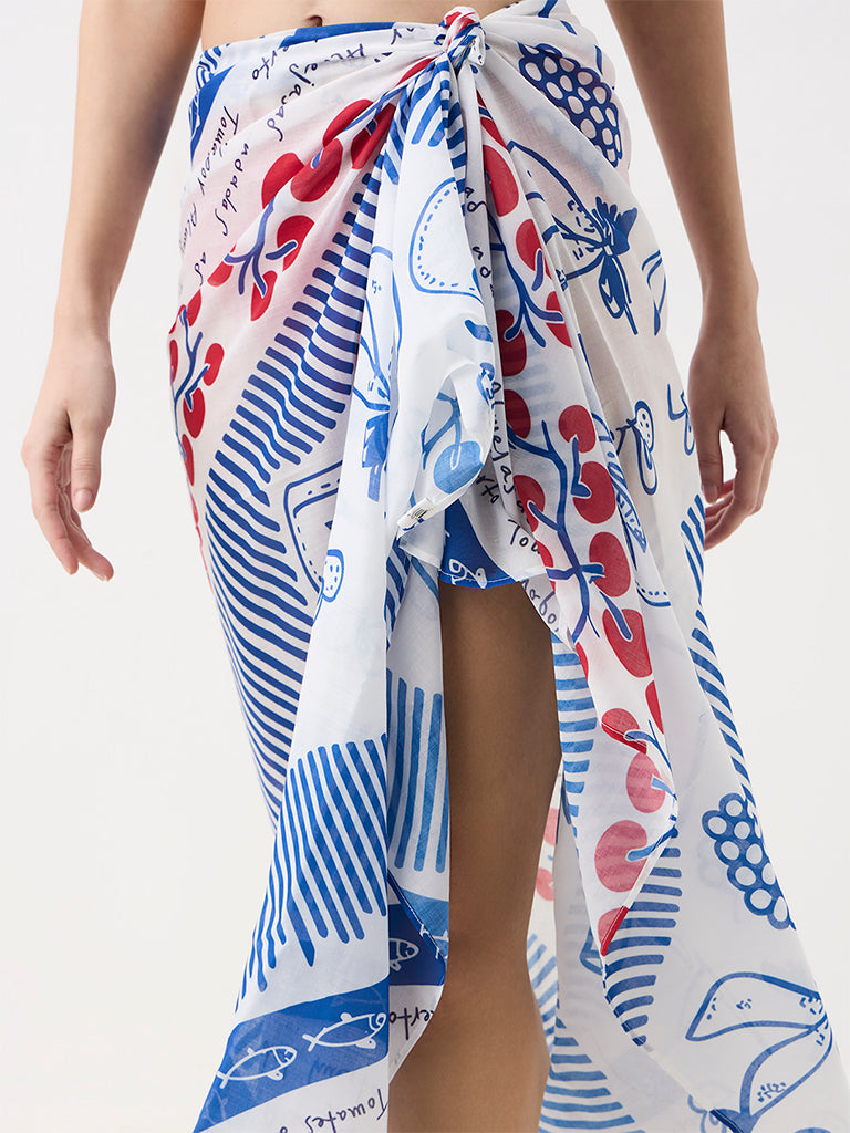 Wunderlove Swimwear White Printed Sarong