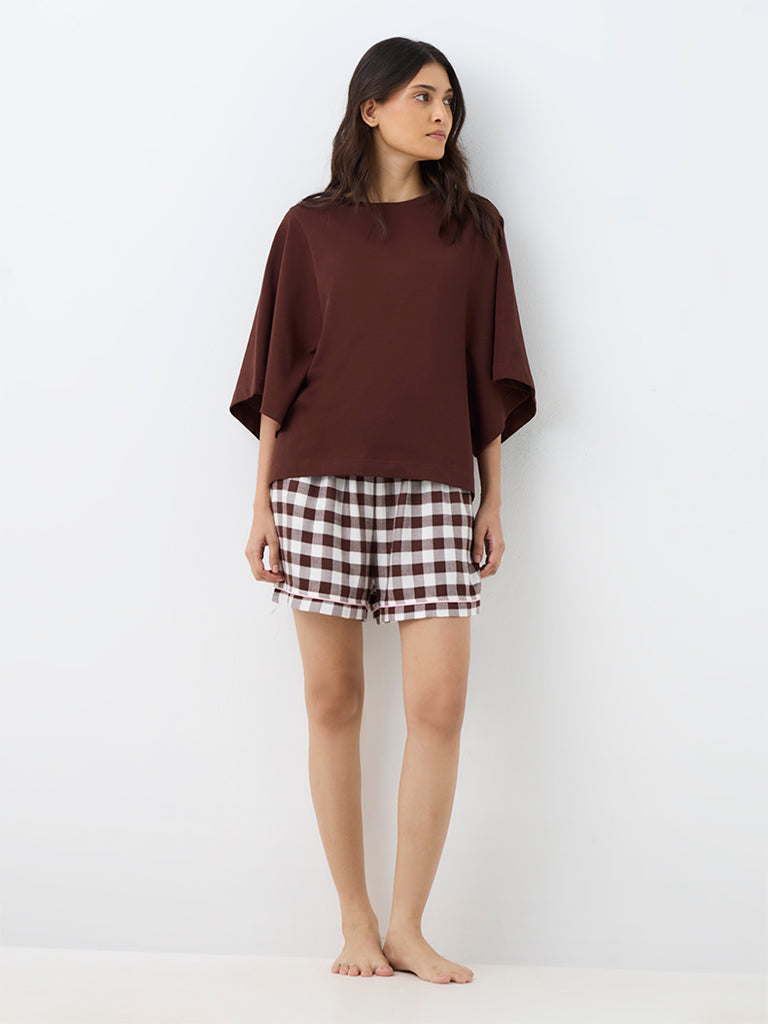 Wunderlove Dark Brown Checkered High-Rise Shorts