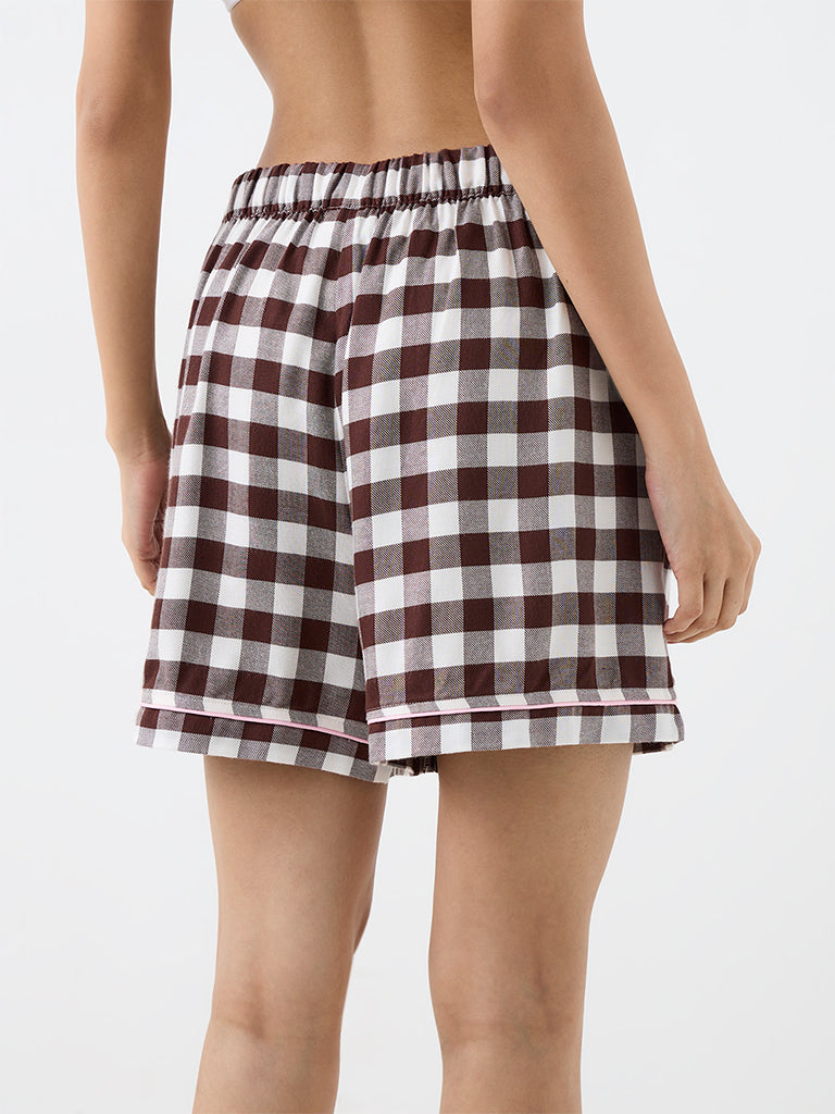 Wunderlove Dark Brown Checkered High-Rise Shorts