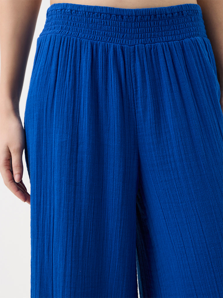 Wunderlove Blue Crinkle-Textured High-Waist Pants