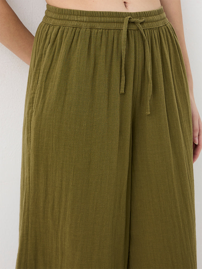 Wunderlove Olive Crinkle-Textured High-Waist Pants