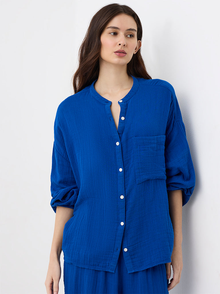 Wunderlove Dark Blue Crinkle-Textured Shirt
