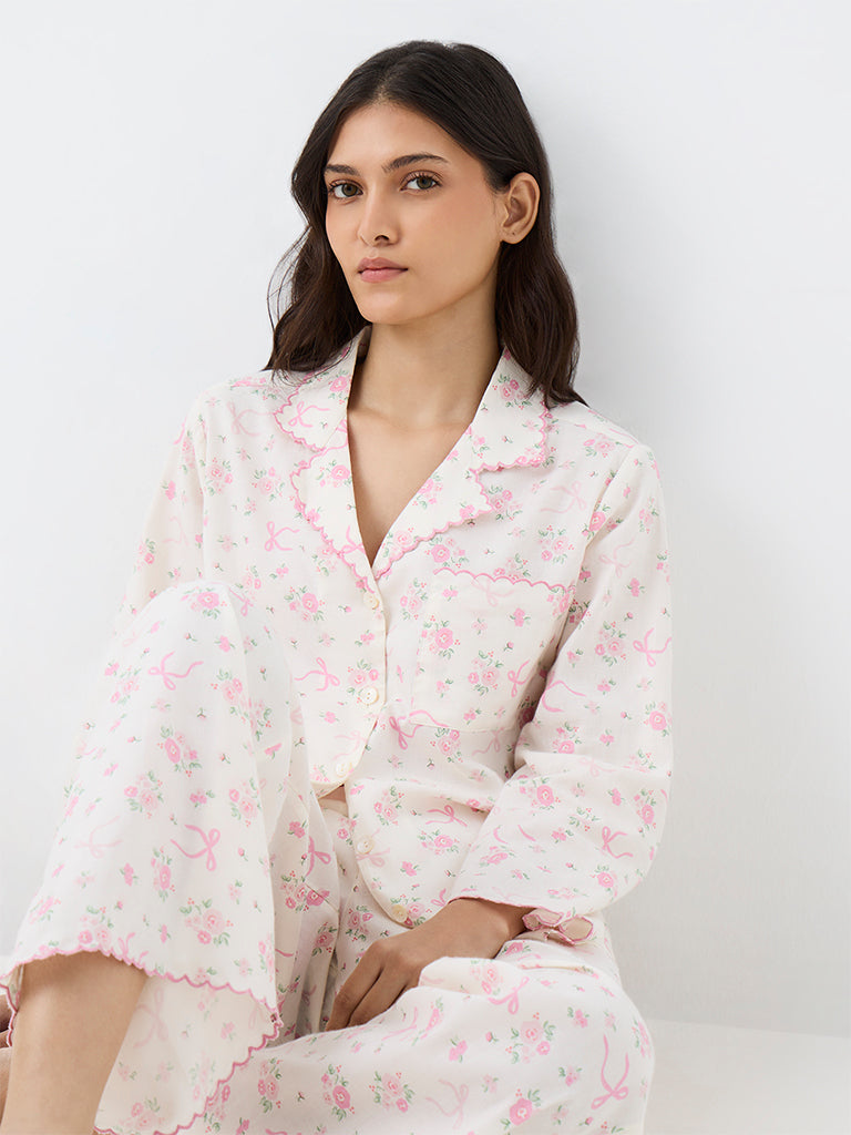 Wunderlove Off-White Floral Printed Cotton Shirt and Pant Set