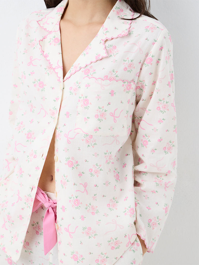 Wunderlove Off-White Floral Printed Cotton Shirt and Pant Set