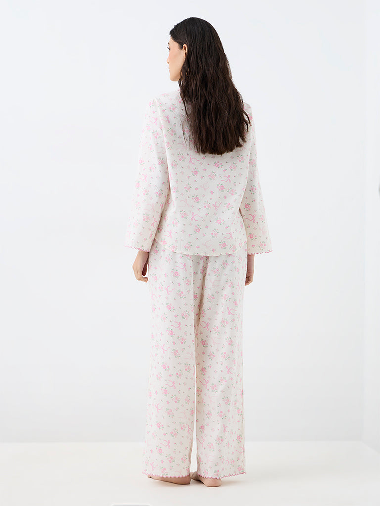 Wunderlove Off-White Floral Printed Cotton Shirt and Pant Set
