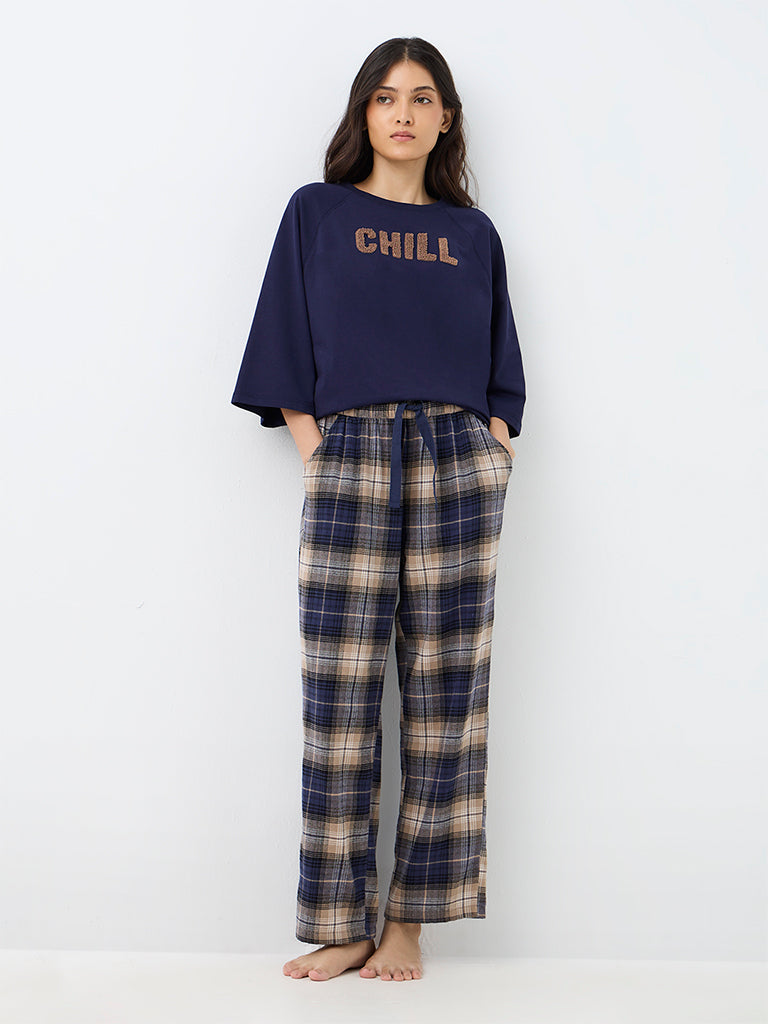 Wunderlove Navy Checks Pattern High-Rise Pants