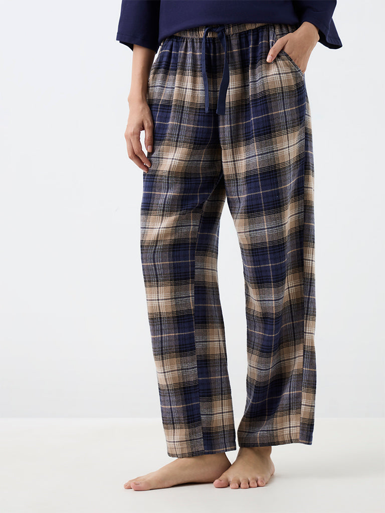 Wunderlove Navy Checks Pattern High-Rise Pants