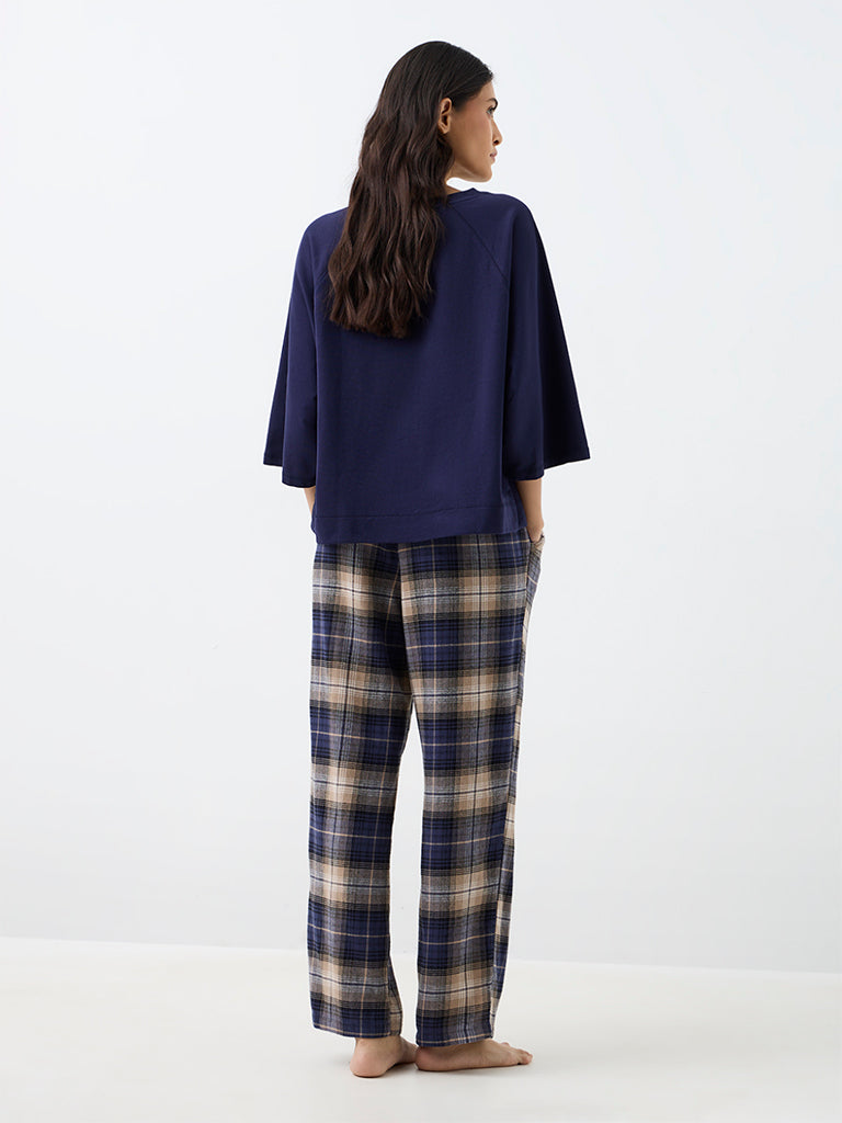 Wunderlove Navy Checks Pattern High-Rise Pants