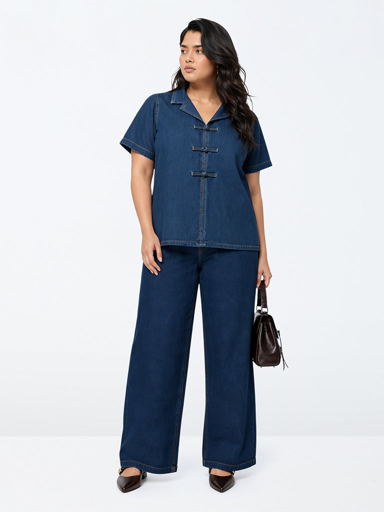 Gia Dark Blue Denim Blouse with Frog Fastening