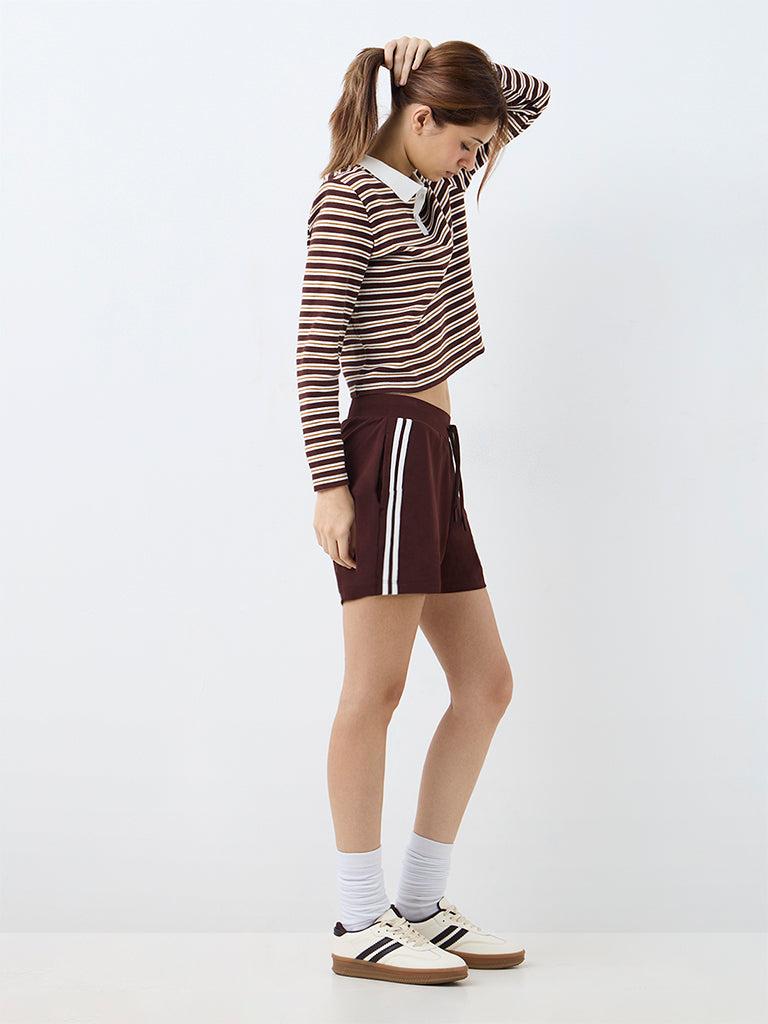 Nuoflexx Dark Brown Striped High-Rise Cotton-Blend Shorts