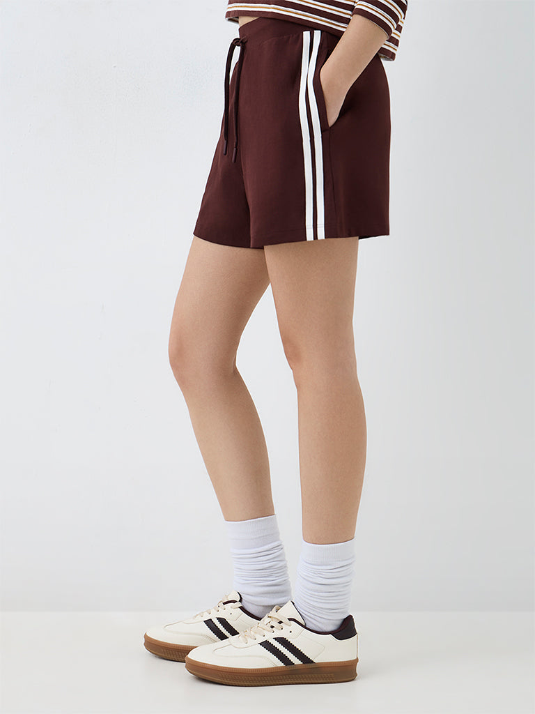 Nuoflexx Dark Brown Striped High-Rise Cotton-Blend Shorts