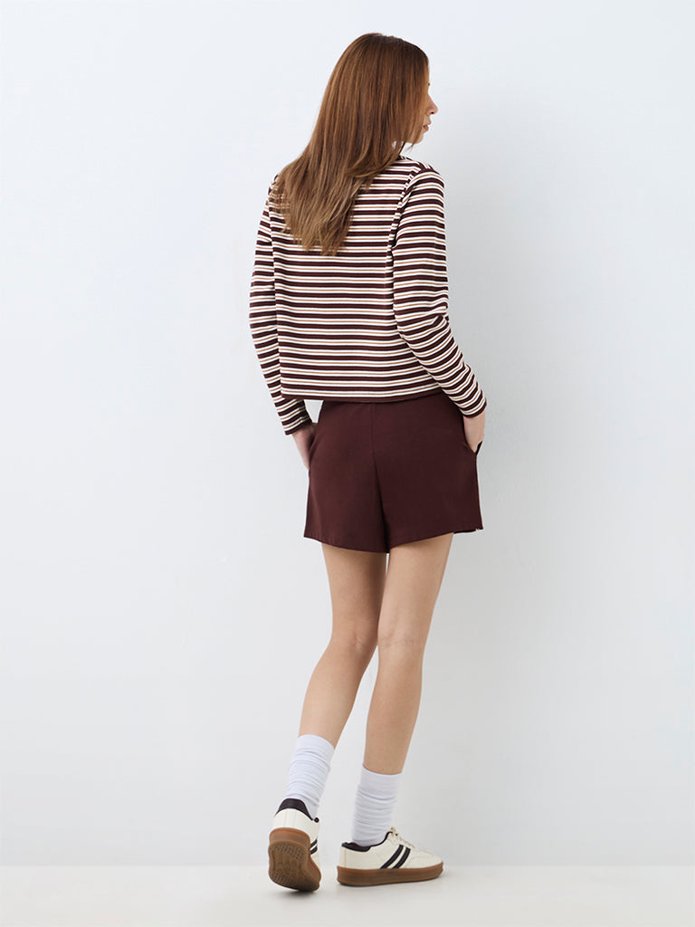 Nuoflexx Dark Brown Striped High-Rise Cotton-Blend Shorts