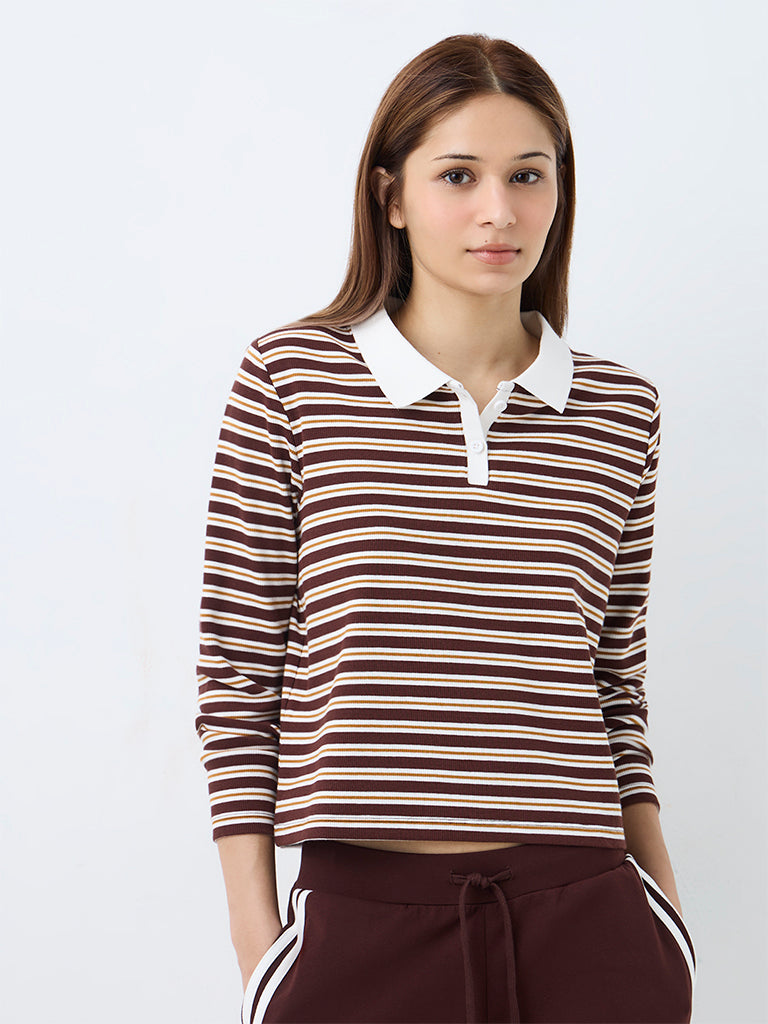 Nuoflexx Dark Brown Striped Cotton-Blend T-Shirt