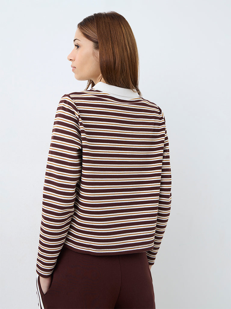 Nuoflexx Dark Brown Striped Cotton-Blend T-Shirt