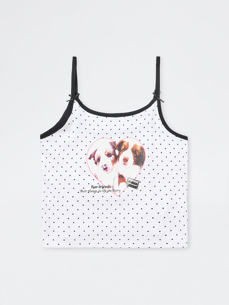 Girls White Polka Dot Printed Cotton-Blend Top