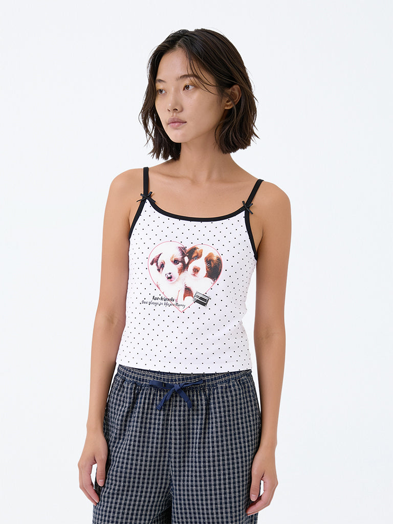 Girls White Polka Dot Printed Cotton-Blend Top